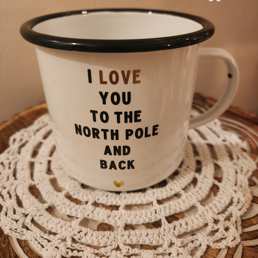White Enamel Mug with Black Rim and Gold Accents - 'I Love You'